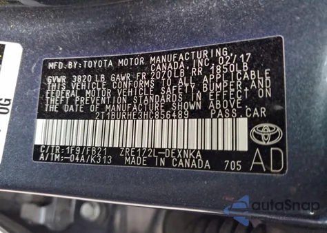 2017 Toyota Corolla L z USA, uszkodzony, nr VIN 2T1BURHE3HC856489
